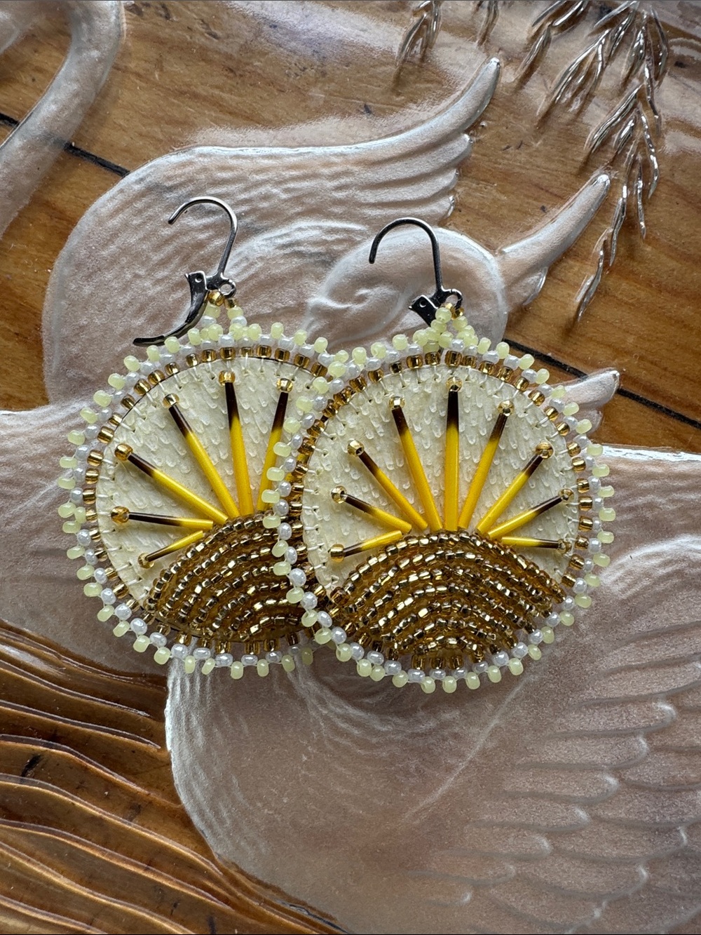 Salmon skin beaded earrings with porcupine quills - Indigenous Alaska Native Art